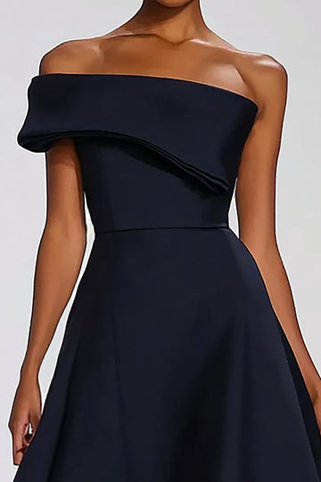 One Shoulder Navy Satin Formal Dress